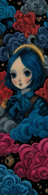 Free angel bookmark featuring dark blue and red angel face